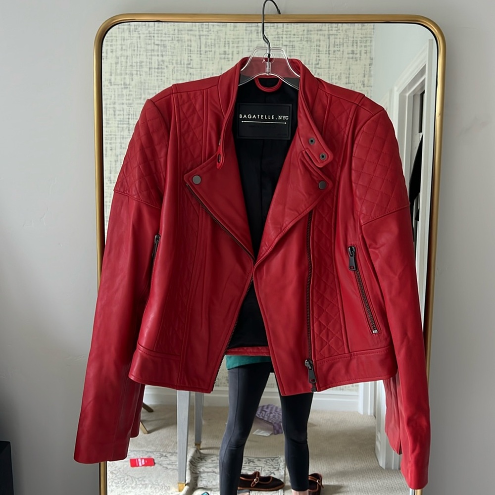 bagatelle Red Quilted Leather Moto Jacket